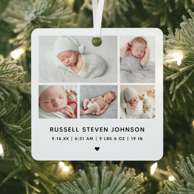 Modern 5 Photos Birth Announcement Metal Ornament (Insitu)