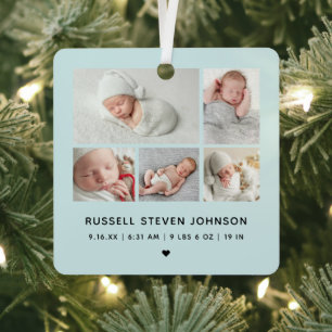 Modern 5 Photos Birth Announcement Metal Ornament