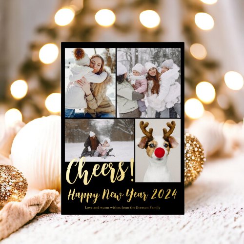 Modern 5 photos cheers Happy new year 2024 Foil Holiday Card