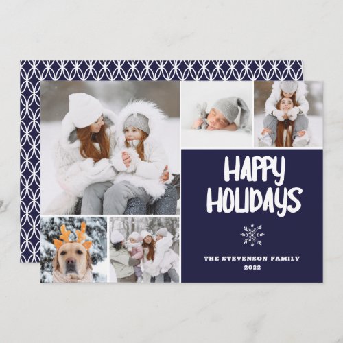 Modern 5 photos Christmas navy pattern snow happy Holiday Card