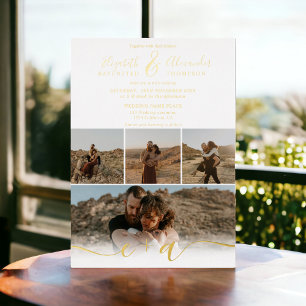 Modern 5 Photos elegant script wedding gold Foil Invitation