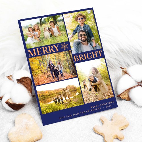 Modern 5 photos gold snowflake Christmas navy Holiday Card