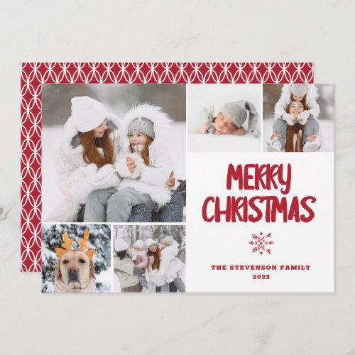 Modern 5 photos merry Christmas red pattern snow Holiday Card