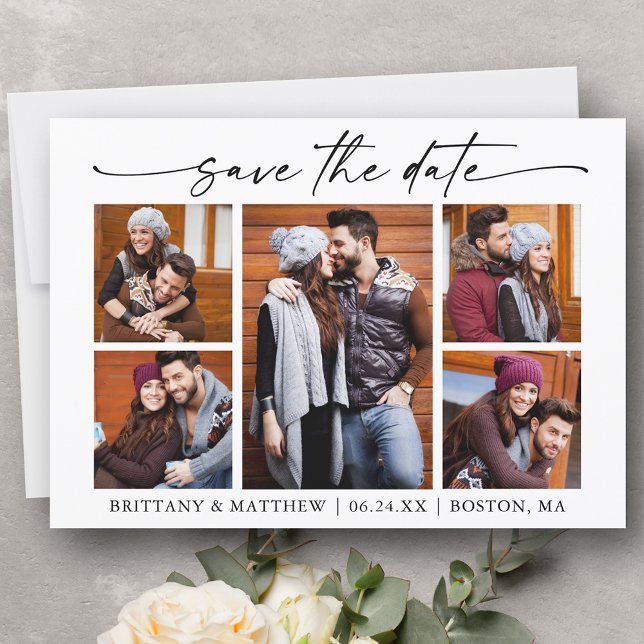 Modern 5 Photos Minimalist Ink Script Save The Date (Customize to change your personalized text size or text style.)