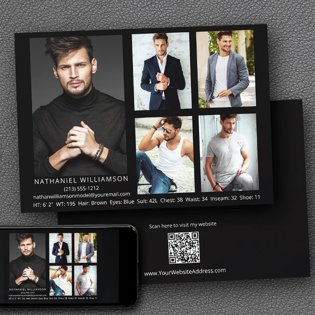 Modern 5 Photos Model Actor QR Code Back Comp Card (Customize to change background color, text size, style or to add more photos to back of card.)