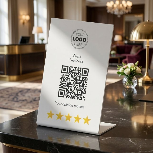 Modern 5-Star Luxury Feedback QR Code Pedestal Sign (Luxury QR Code Stand for Client Reviews | Sleek White Pedestal Sign)