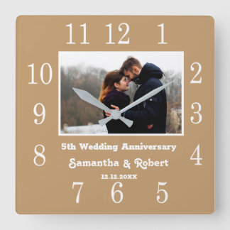 Modern 5th Wedding Anniversary Photo Wood Brown Square Wall Clock