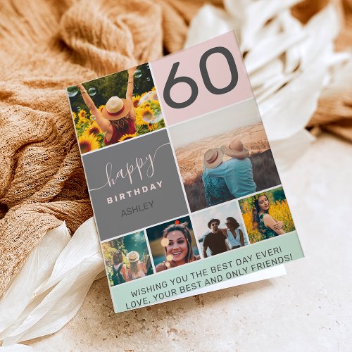 Modern 60 birthday pink 6 photo collage grid card