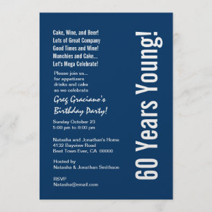 Modern 60 Years Young Birthday Blue White Red Invitation
