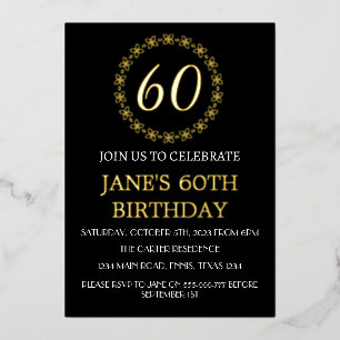 Modern 60th Birthday Black Gold Foil QR Code Foil Foil Invitation
