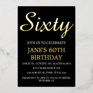 Modern 60th Birthday Black Gold Foil QR Code Foil Invitation