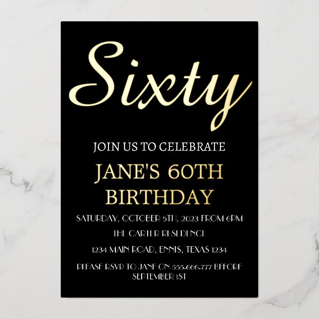 Modern 60th Birthday Black Gold Foil QR Code  Foil Invitation (Front)