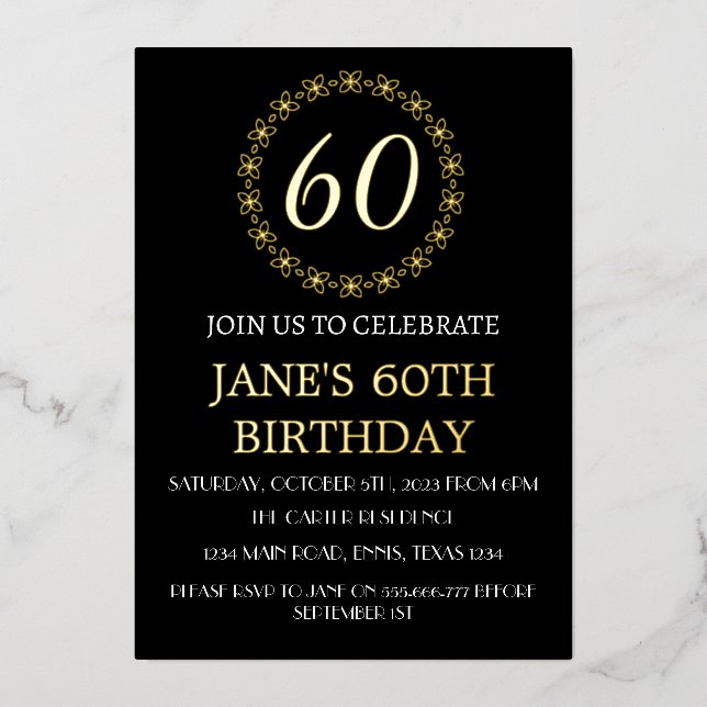 Modern 60th Birthday Black Gold Foil QR Code  Foil Invitation (Front)