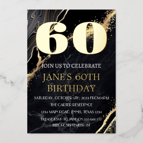 Modern 60th Birthday Black Gold Foil QR Code  Foil Invitation