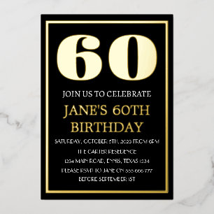Modern 60th Birthday Black Gold Foil QR Code  Invitation