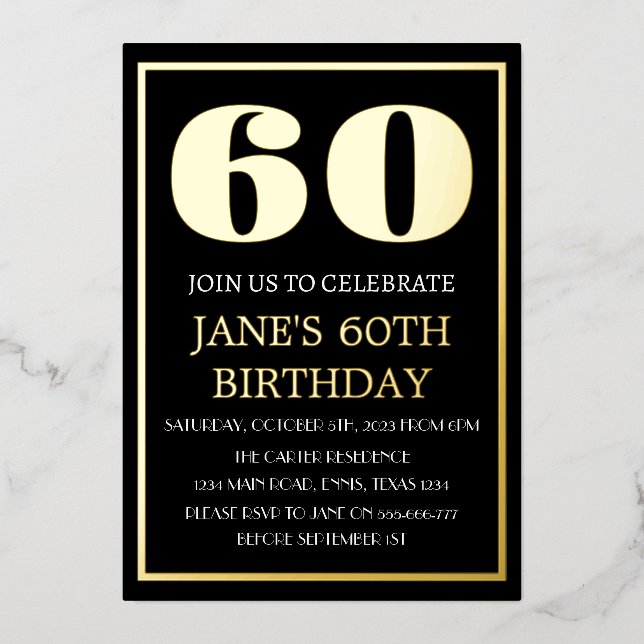 Modern 60th Birthday Black Gold Foil QR Code  Invitation (Front)