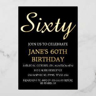 Modern 60th Birthday Black Gold Foil QR Code  Invitation
