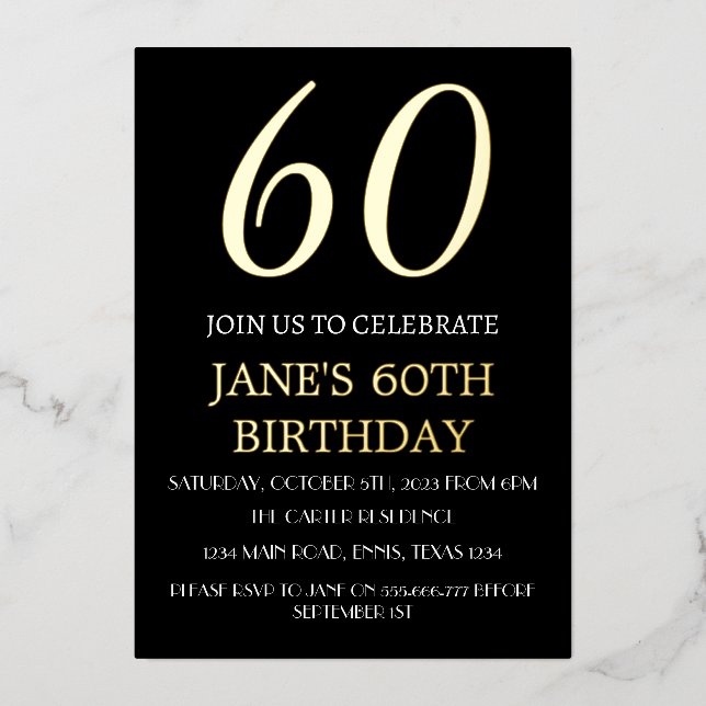 Modern 60th Birthday Black Gold Foil QR Code  Invitation (Front)