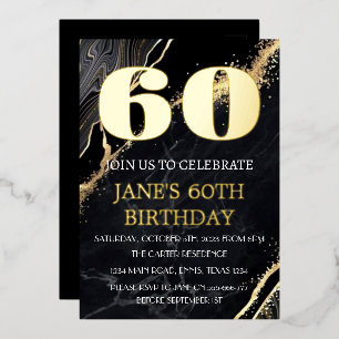 Modern 60th Birthday Black Gold Foil QR Code  Invitation
