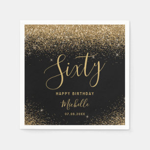 Modern 60th Birthday Black Gold Glitter Name Napkins
