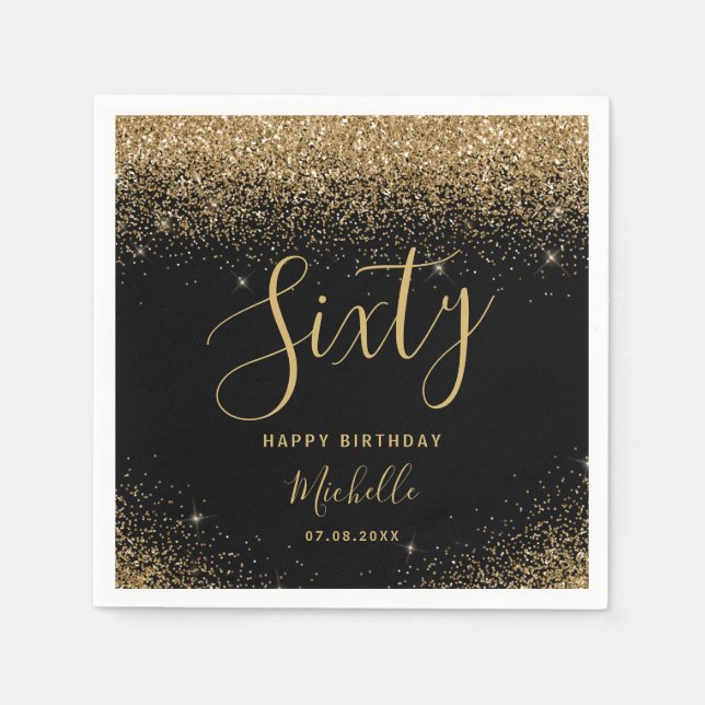 Modern 60th Birthday Black Gold Glitter Name Napkins (Front)