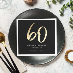 Modern 60th Birthday Black & Gold Script Napkins