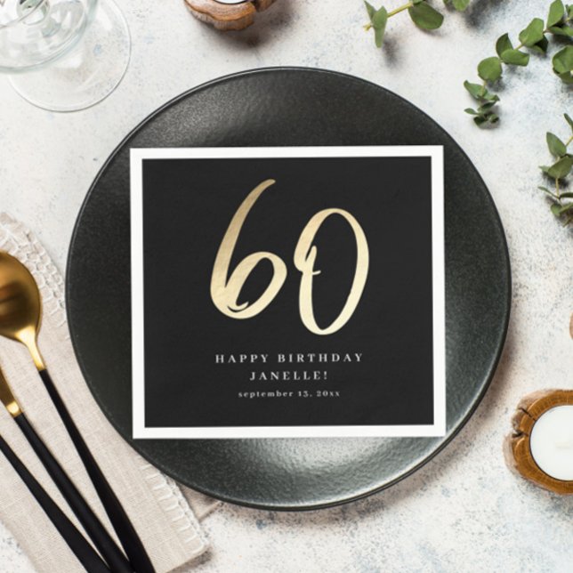 Modern 60th Birthday Black & Gold Script Napkins (Creator Uploaded)