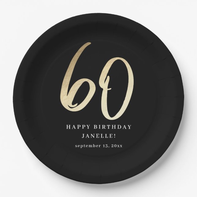 Modern 60th Birthday Black & Gold Script Paper Plates (Front)