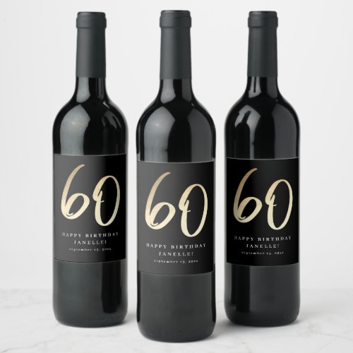 Modern 60th Birthday Black  Gold Script Wine Label