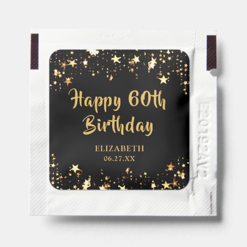 Modern 60th Birthday Black Gold Stars Favor Hand Sanitizer Packet - Celebrate any birthday with your personalized message (the sample text says HAPPY 60th BIRTHDAY along with name and date) to thank guests with these thoughtful party favor gifts designed in an editable black background color and gold text color with gold stars. CHANGES:  Change the colors or text font style by clicking CUSTOMIZE FURTHER. Contact the designer via Zazzle Chat or makeitaboutyoustore@gmail.com if you'd like this design modified, on another product or want coordinating items.