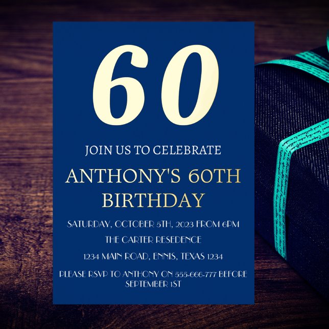 Modern 60th Birthday Blue Gold Foil QR Code Foil Invitation (Creator Uploaded)