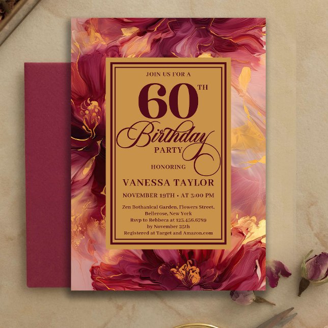 Modern 60th Birthday Burgundy Blush Boho Gold Invitation (Modern 60th Birthday Burgundy Blush Boho Gold Invitation)