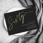 Modern 60th Birthday elegant black & gold script  Invitation Postcard<br><div class="desc">Modern minimalist 60th birthday party invitation features stylish faux gold foil number handwritten script Sixty and your party details in classic serif font on black background color, simple and elegant, great surprise adult milestone birthday invitation for men and women. the black background color can be changed to any color of...</div>