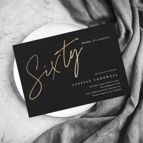 Modern 60th Birthday elegant black & gold script 
