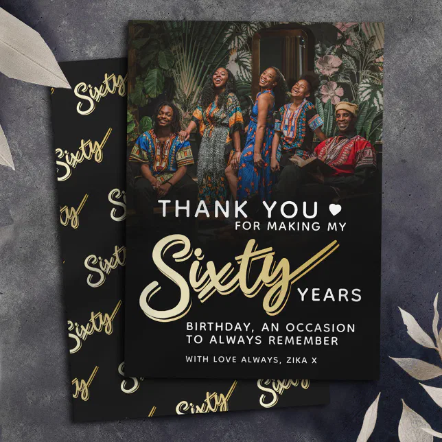Modern 60th birthday gold black sixty script text thank you card | Zazzle