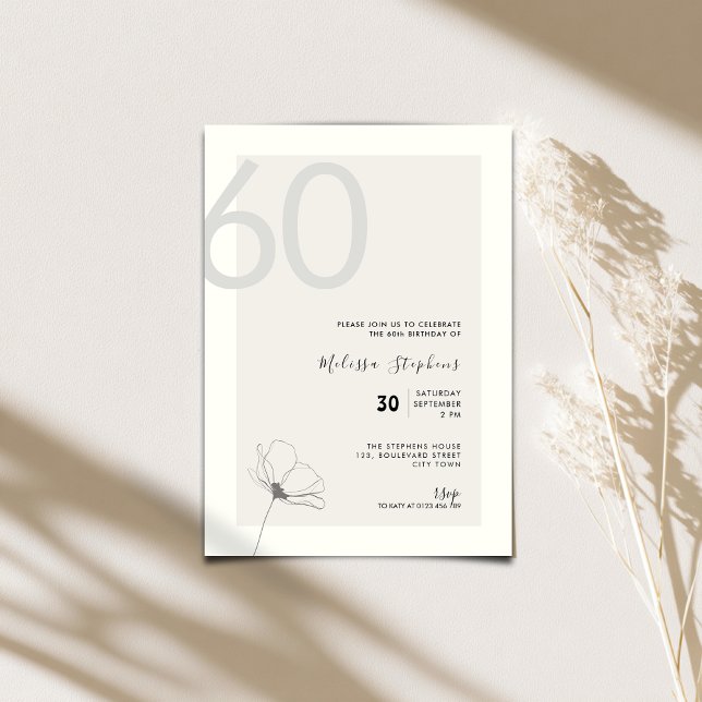 Modern 60th Birthday Invitation - Minimal Style (Elegant 60th birthday invitation for woman with hand drawn flower.)
