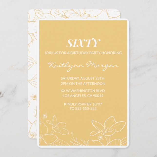 Modern 60th birthday invitations Floral Yellow (Front/Back)