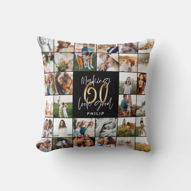 Modern 60th birthday multi photo script gift  throw pillow (Front)
