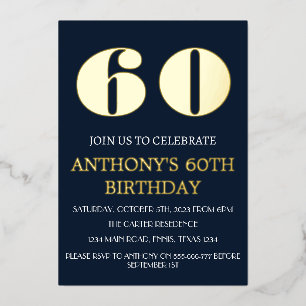 Modern 60th Birthday Navy Blue Gold Foil QR Code Foil Invitation
