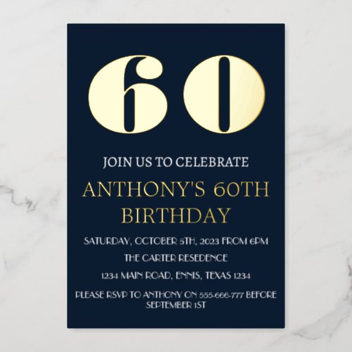 Modern 60th Birthday Navy Blue Gold Foil QR Code Foil Invitation