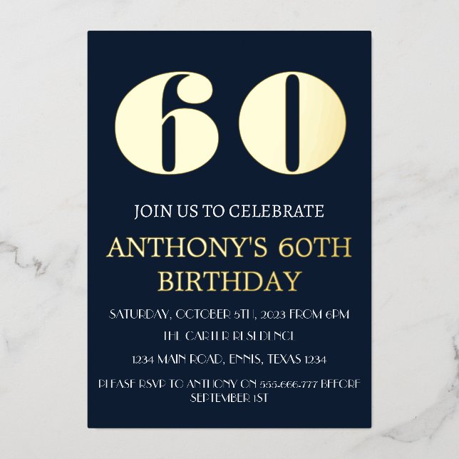Modern 60th Birthday Navy Blue Gold Foil QR Code Invitation (Front)