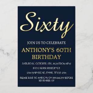 Modern 60th Birthday Navy Blue Gold Foil QR Code Invitation
