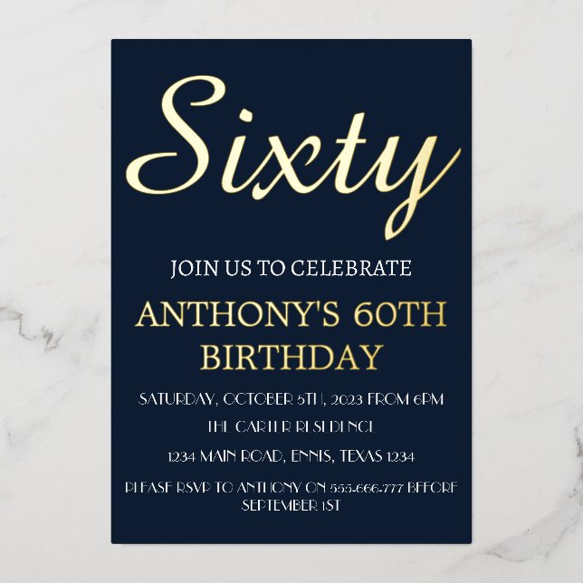 Modern 60th Birthday Navy Blue Gold Foil QR Code Invitation (Front)