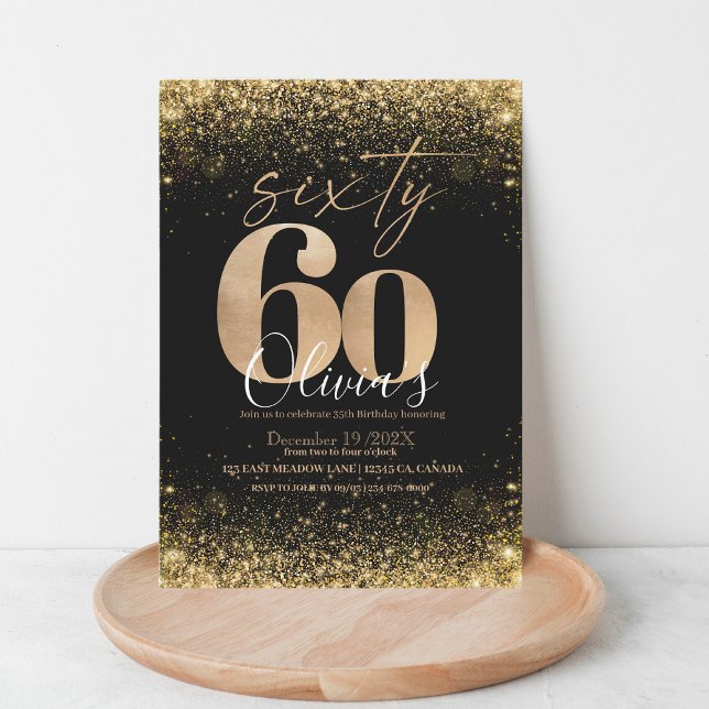 Modern 60th Birthday Party Black Gold Glitter Invitation (Creator Uploaded)