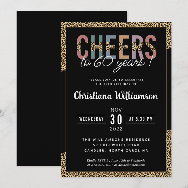 Modern 60th Birthday Party Leopard Print Elegant Invitation (Front/Back)
