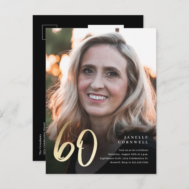 Modern 60th Birthday Photo Black & Gold Script Invitation Postcard (Front/Back)