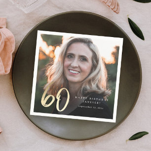 Modern 60th Birthday Photo Black & Gold Script Napkins