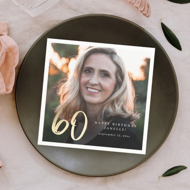 Modern 60th Birthday Photo Black & Gold Script Napkins (Creator Uploaded)