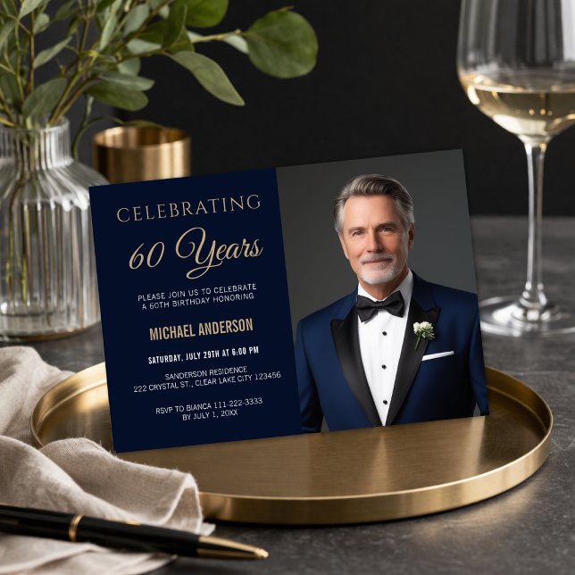 Modern 60th Birthday Photo Invite (Modern navy and gold 60th birthday invitation with clean, elegant photo layout)