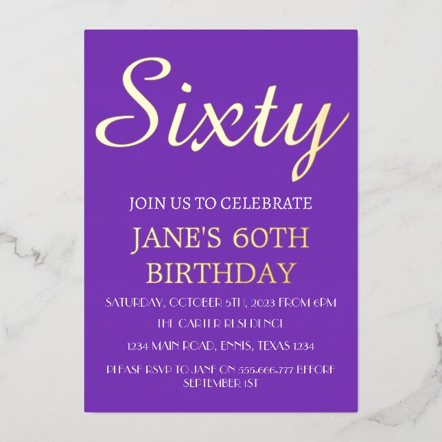 Modern 60th Birthday Purple Gold Foil QR Code Foil Invitation (Front)